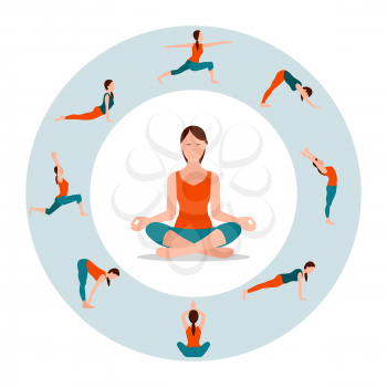 Circle with female icons in different yoga poses, woman in lotus pose, plank and warrior postures, chaturanga and back bend, color vector illustration