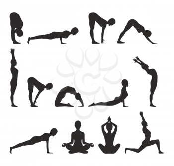 Yoga pose collection silhouette push ups and pigeon yoga pose mountain and positions, woman colorless vector illustration isolated on white background