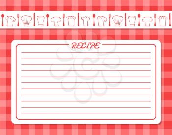 Card with lines for recipe placement. Blank poster with chef hats above space for recipe. Checkered background and empty lines vector illustration.