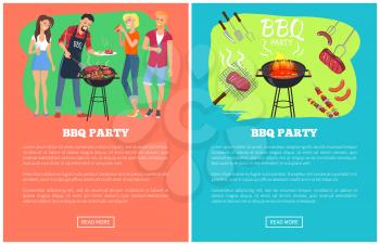 BBQ party set of web pages, people having fun together, site with text sample and bbq party images, vector illustration, isolated on blue and red