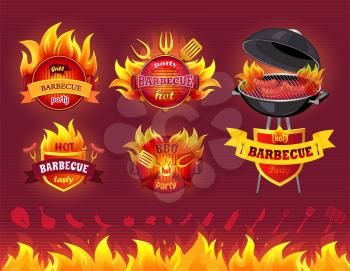 Tasty hot barbecue, BBQ grill party, set of icons, flaming labels with forks and spatulas, BBQ with roast sausages, barbecue utensil and ingredients set