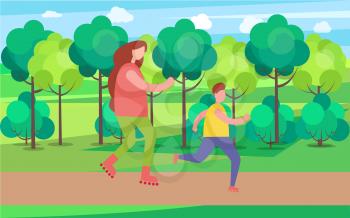 Mom and son skating together, rollerskating people and good weather in the park, trees and clouds, bush and greenery isolated on vector illustration