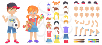 Little boy and girl with toys constructor. Facial expressions, modern hairstyles, childish clothes and body parts isolated vector illustrations set.