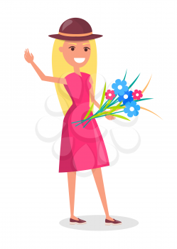 Happy smiling woman in hat with bouquet of flowers waving hand vector illustration isolated on white background, cartoon female in pink dress