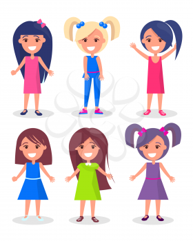 Smiling brunette and blonde girls with different hairstyles, kindergarten kids vector illustration isolated on white background