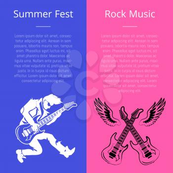Summer fest rock music posters with man playing guitar and two crossed musical instruments with wings vector illustrations on blue and pink