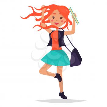 Jumping redhead girl student in lush skirt, vest and black boots with bag, book and fluttering in wind hair isolated on white background. Reaction for successful exams passing vector illustration.