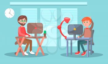 Office workers or freelancers at work vector concept. Mens cartoon characters seating at the table and working on computer in office illustration