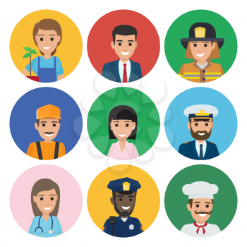 Professions people vector icons set. Different professions men and women cartoon characters in uniform isolated on white background. Occupations flat illustration for labor day, job concept, logo