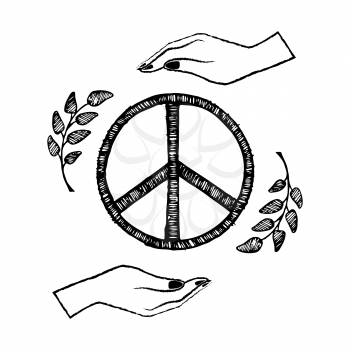 International peace day poster with two hands protecting sign of freedom vector illustration isolated on white with olive branches on background