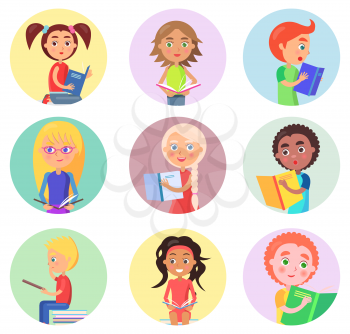 Nine reading children holding open schoolbooks in round color icons isolated on white vector illustrations in cartoon style