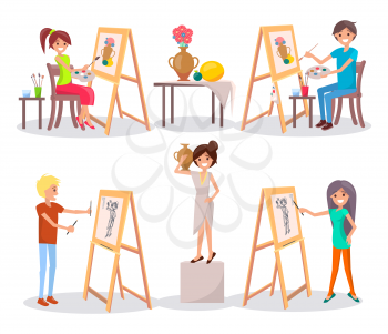 Students draw and paint cartoon isolated vector illustration on white. Boys and girl work on their paintings and drawings supported by easels
