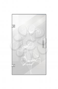 Glassy entrance door with flower wavy white lines and doorhandle on white background. Vector illustration of isolated transparent glass door with decorative elements in flat design.