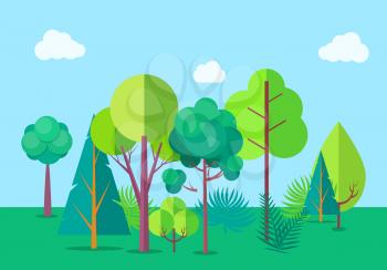 Poster depicting peaceful forest. Vector illustration of green bushes and lush trees against background of light blue sky with clouds
