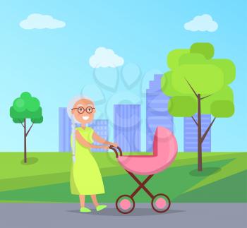 Senior lady with trolley pram walking in city park taking care about newborn child on background of skyscrapers in city park vector illustration