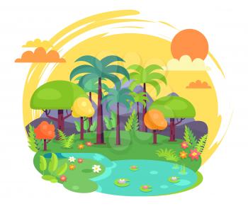 Indian jungle with thick leafy trees, tall palms, fresh grass, thin stream that goes into small lake and massive rocks behind vector illustration.