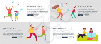 Mom and daughter, mother with child vector web posters parent playing badminton with kid, sitting on blanket with pet, catching butterflies and jogging