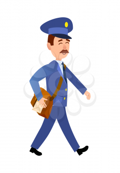 Postman cartoon character in blue uniform delivering mail flat vector illustration isolated on white background. Walking mailman with mailbag icon. Mustached postal courier carries correspondence 