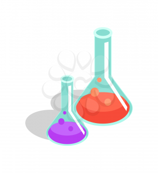 Set of laboratory flasks with liquid isolated vector illustration on white background. Cartoon style glassware with wide bases and long narrow necks