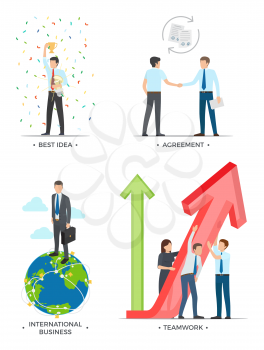 Best idea and agreement, person with prize in triumph with confetti, people handshaking and male on globe, growing arrow vector illustration