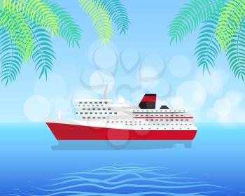 Luxury ship in white and red colors isolated on water vector illustration. Colorful poster of big cruise liner in ocean in summertime