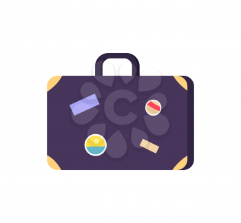 Vintage blue suitcase icon with colorful stickers pasted on its side. Vector illustration of retro styled bag isolated on white background