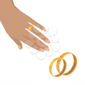 Womans wrist with golden ring on annulary finger flat vector. Marriage proposal or engagement concept with pair of wedding rings illustration