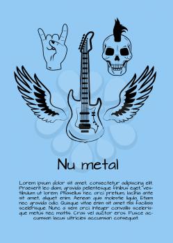 Nu metal music poster with electrical guitar surrounded by wings, skull and sign of horns. Vector illustration of hard musical symbol on blue background