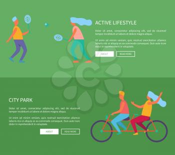 Active lifestyle and city park image with people playing badminton and couple on bicycle. Vector illustration designed for web page with icons of people