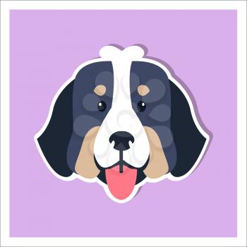 Doggie face of Bernese Mountain Dog cartoon drawing on purple background. Heavy swiss highland and shepherd dogs shows red tongue. Close-up funny doggy head icon three-tone color graphic design.