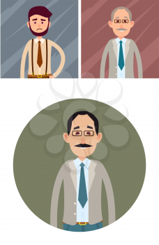 Joyed businessman isolated on white icon. Smiling mustached male character in glasses and business suit tie half-length portrait flat vector. Happy clerk cartoon illustration in circle for user avatar
