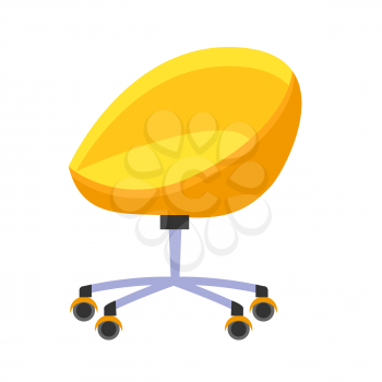 Bright yellow and orange office chair isolated on white background. Modern design of furniture for comfortable work in nice conditions. Vector illustration of cozy and stylish armchair with wheels.
