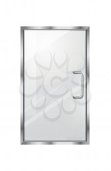 Transparent door isolated on white background. Vector illustration of isolated clear glass door with long doorhandle. Mock up decorative object of shops, boutiques for entrance and exit