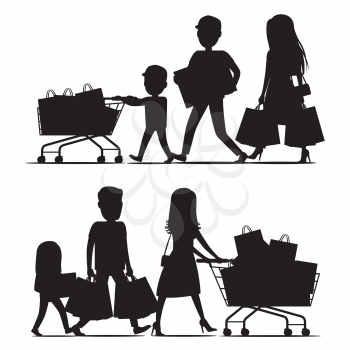 Shopping family silhouettes with packs on white. Two families with children and parents walk carrying packages and riding supermarket shopping trolleys. Vector commercial purchasing template
