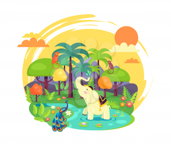 Indian jungle with leafy trees, tall palms, white elephant, bright peacock, funny monkey, small river and orange sun in sky vector illustration.