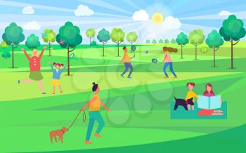 People spending leisure time in park vector illustration. Moms and kids playing badminton, catching butterflies, sitting on blanket and walking dogs