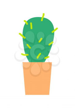 Green grown cactus with sharp spikes in clay pot isolated cartoon flat vector illustration on white background. Compact natural indoor decoration.