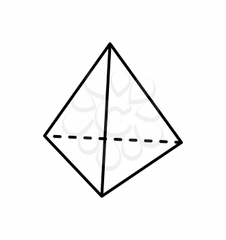 Square pyramid black geometric shape projection of dashed and straight lines geometric figure. Shape with side in form of triangle and square base vector
