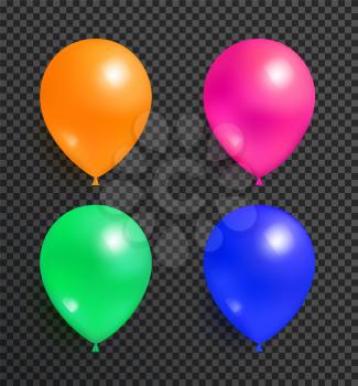 Set of flying balloons of orange pink green and blue color realistic design vector isolated on transparent. Balloon festive party decorative elements