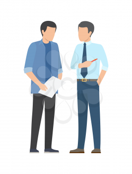 Successful business partners discussing financial issues of business project. Two males briefing, confident coworkers with paper and pen isolated vector