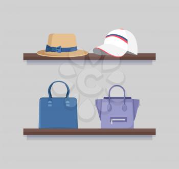 Headwear and handbags mode clothing collection, two brown shelves, cute hat with bow, mode cap with stripes, pair of female bags, vector illustration