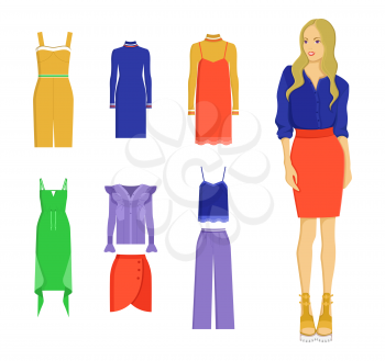 Set of various summer clothes, colorful banner isolated on white backdrop, vogue dresses and red skirts, lilac shirt and trousers, vogue yellow suit