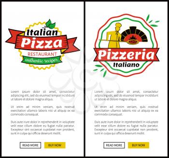 Italian pizza restaurant authentic recipes, set of web pages, pizzeria Italiano, pizza logotypes with text sample and buttons vector illustration