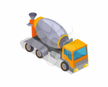 Concrete mixer truck isolated on white background, vector illustration, grey concrete mixing drum, heavy technique, special machine, square cabine