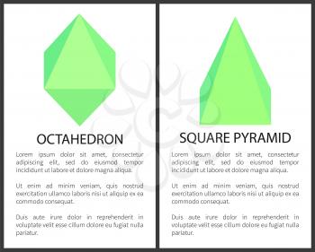 Octahedron and square pyramid colorful poster with frame and text sample, green geometric objects, triangular geometric elements , vector illustration