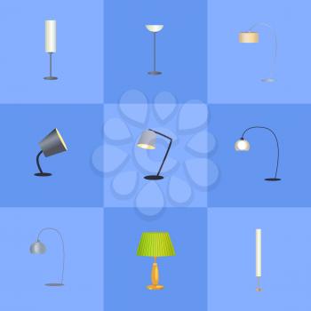 Elegant lamps collection, flexible and adjustable stands, innovative design and shapes set, lamps vector illustration isolated on blue background