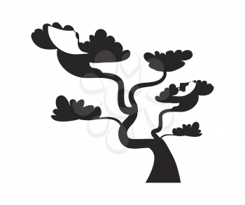 Big bonsai tree with curved trunk black silhouette. Old bonsai tree grown at oriental countries dark shadow isolated cartoon flat vector illustration.