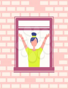 Woman does fitness exercise near open window, lady stretches hands greeting someone from window-frame, girl neighbour in window on brick wall background