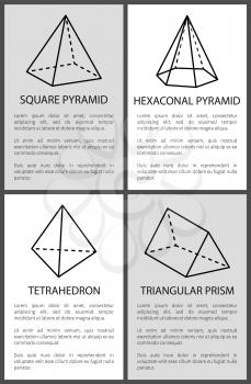 Square hexagonal pyramid tetrahedron triangular prism vector illustration sketches projection of figures dashes and lines to draw pyramid and prism
