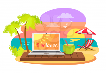 Open notebook on tropical beach with text freelance on screen, summer cocktail with straw, sun-bed under umbrella, summertime poster freelance concept